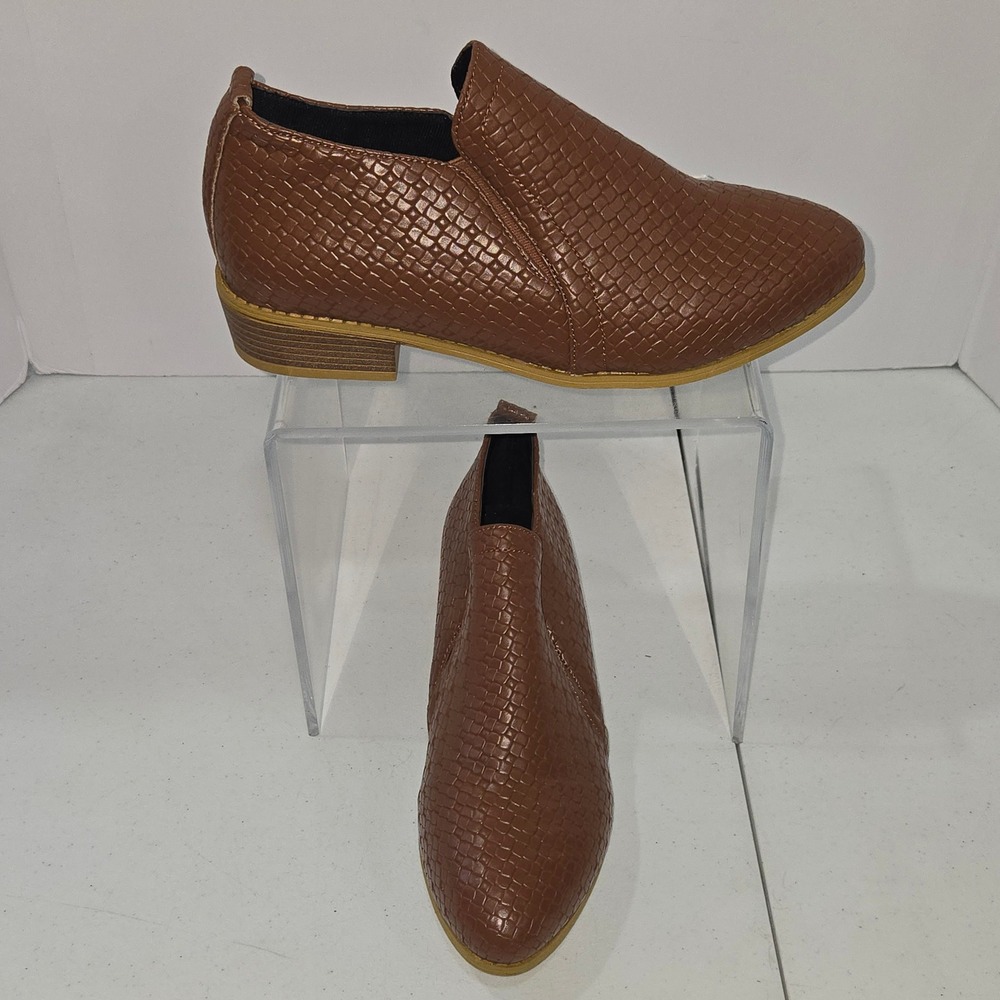 Womens Brown Woven Texture Slip On Loafers Pointed Toe Block Heel Shoes Size 41